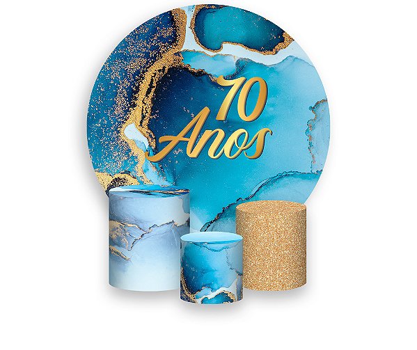 Painel De Festa Redondo 1,50 x 1,50 + Trio De Capas Cilindro - Efeito Mármore Azul com Dourado Idade 70 Anos 174