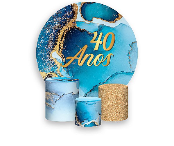 Painel De Festa Redondo 1,50 x 1,50 + Trio De Capas Cilindro - Efeito Mármore Azul com Dourado Idade 40 Anos 177