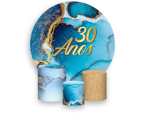 Painel De Festa Redondo 1,50 x 1,50 + Trio De Capas Cilindro - Efeito Mármore Azul com Dourado Idade  30 Anos 178