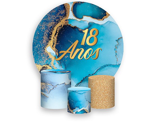 Painel De Festa Redondo 1,50 x 1,50 + Trio De Capas Cilindro - Efeito Mármore Azul com Dourado Idade 18 Anos 180