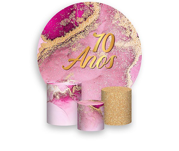 Painel De Festa Redondo 1,50 x 1,50 + Trio De Capas Cilindro - Efeito Mármore Pink com Dourado Idade 70 Anos 184