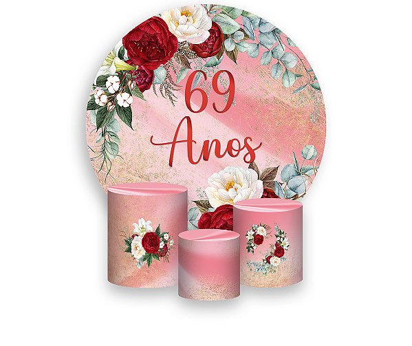 Painel De Festa Redondo 1,50 x 1,50 + Trio De Capas Cilindro - Efeito Mármore Floral Idade 69 Anos 230