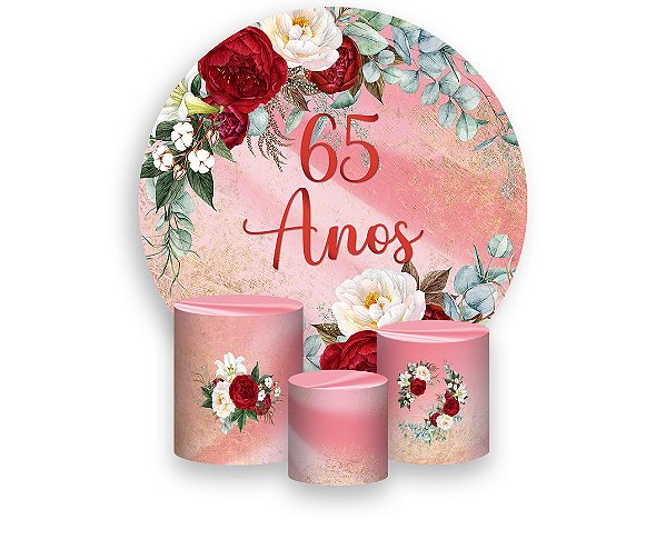 Painel De Festa Redondo 1,50 x 1,50 + Trio De Capas Cilindro - Efeito Mármore Floral Idade 65 Anos 234