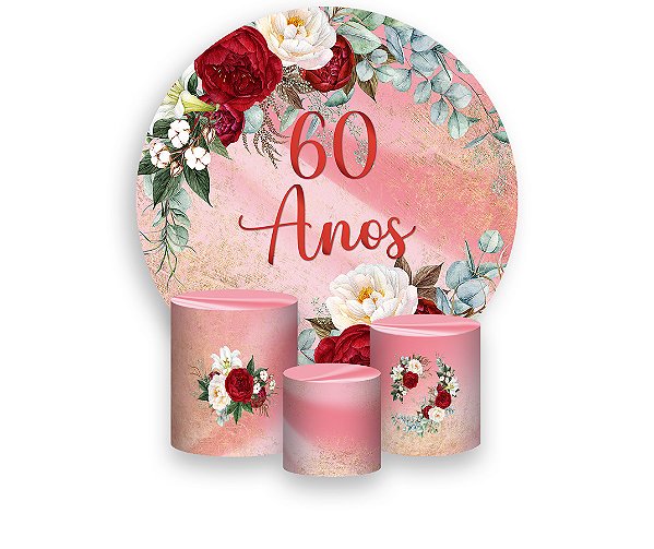Painel De Festa Redondo 1,50 x 1,50 + Trio De Capas Cilindro - Efeito Mármore Floral Idade 60 Anos 239