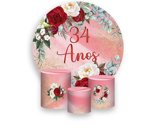 Painel De Festa Redondo 1,50 x 1,50 + Trio De Capas Cilindro - Efeito Mármore Floral Idade 34 Anos 264