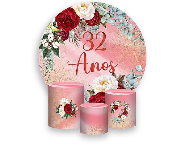 Painel De Festa Redondo 1,50 x 1,50 + Trio De Capas Cilindro - Efeito Mármore Floral Idade 32 Anos 266