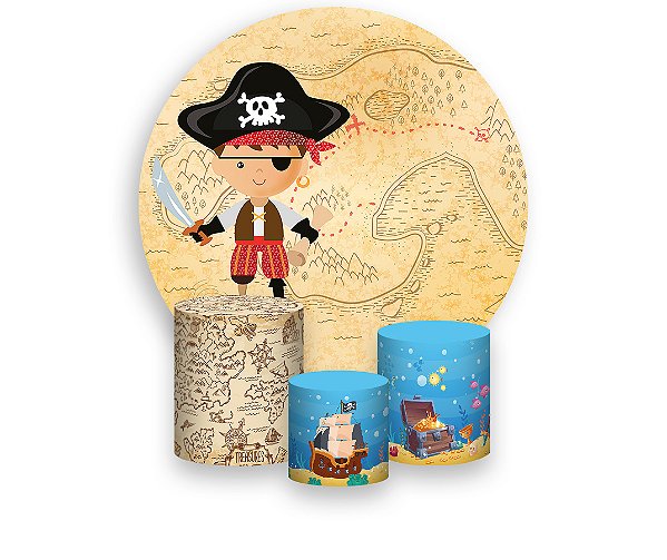 Painel De Festa Redondo 1,50 x 1,50 + Trio De Capas Cilindro - Mapa do Tesouro Pirata 003