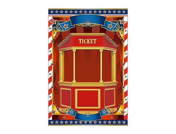 Painel De Festa Vertical 1,50 x 2,20 - Circo Bilheteria Vermelho e Dourado 016