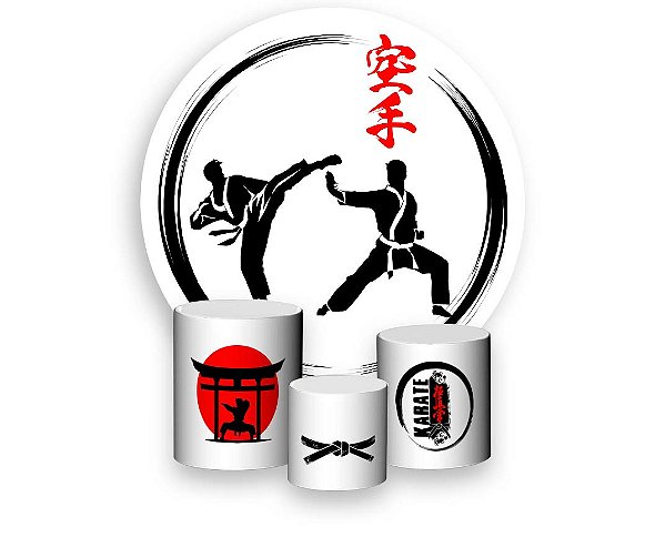 Painel De Festa Redondo 1,50 x 1,50 + Trio De Capas Cilindro - Karate Preto e Branco Silhuetas 031