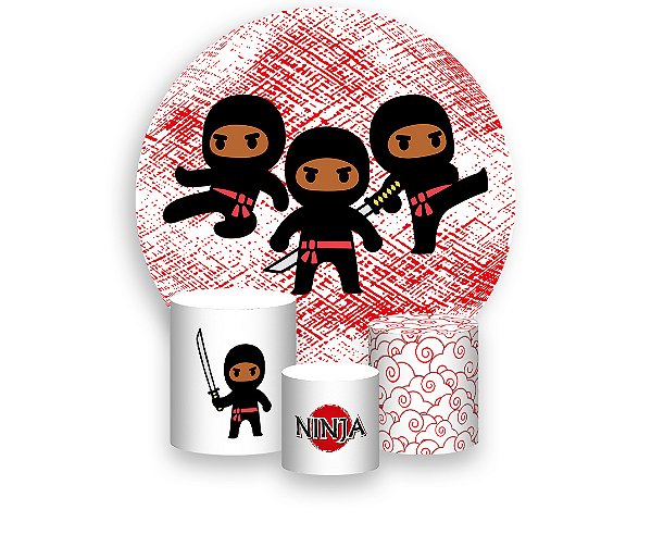 Painel De Festa Redondo 1,50 x 1,50 + Trio De Capas Cilindro - Ninja Cute Vermelho 046