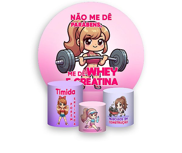 Painel De Festa Redondo 1,50 x 1,50 + Trio De Capas Cilindro - Academia Menina Loira Fitness 057