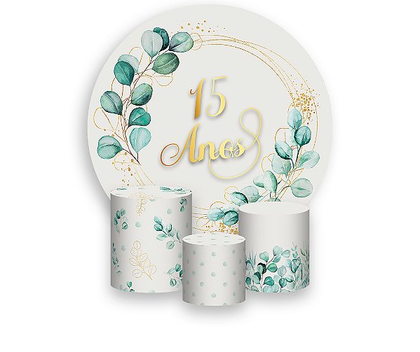 Painel De Festa Redondo 1,50 x 1,50 + Trio De Capas Cilindro - Folhagens 15 Anos 013