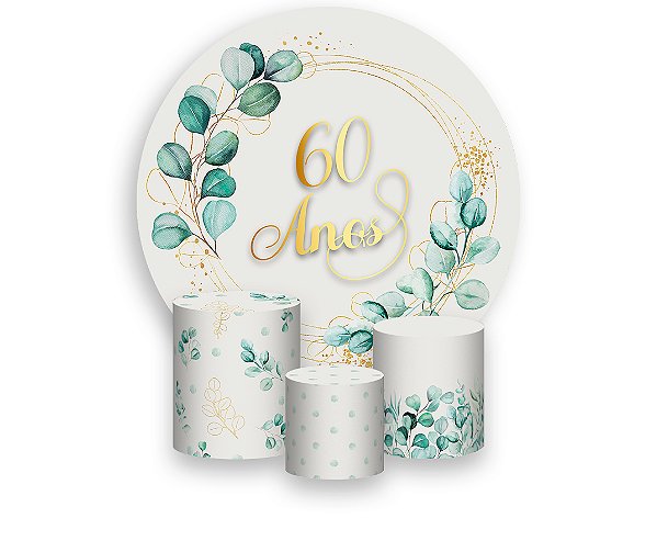 Painel De Festa Redondo 1,50 x 1,50 + Trio De Capas Cilindro - Folhagens 60 Anos 023