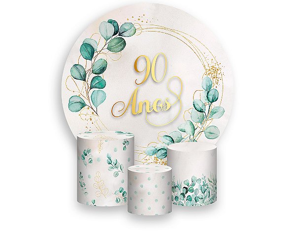 Painel De Festa Redondo 1,50 x 1,50 + Trio De Capas Cilindro - Folhagens 90 Anos 035