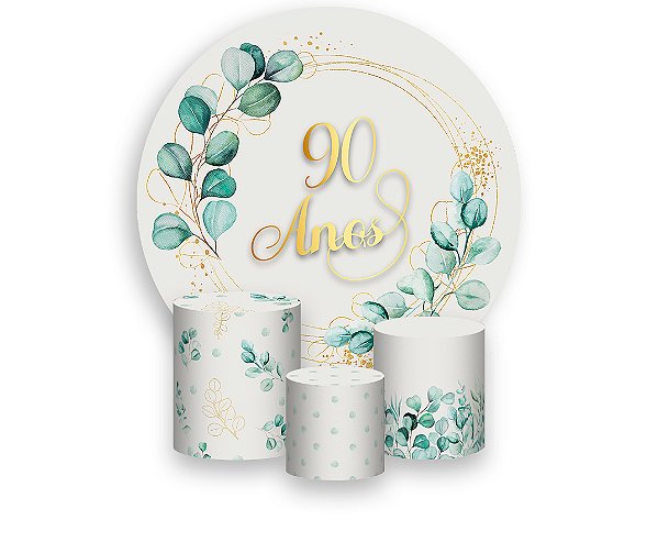 Painel De Festa Redondo 1,50 x 1,50 + Trio De Capas Cilindro - Folhagens 90 Anos 035