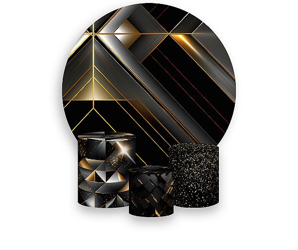 Painel De Festa Redondo 1,50 x 1,50 + Trio De Capas Cilindro - Efeito Geométrico Preto com Dourado 039