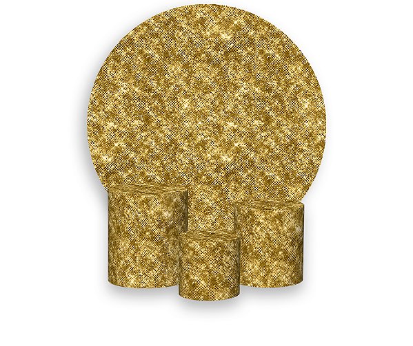 Painel De Festa Redondo 1,50 x 1,50 + Trio De Capas Cilindro - Efeito Lantejoulas Dourado 070