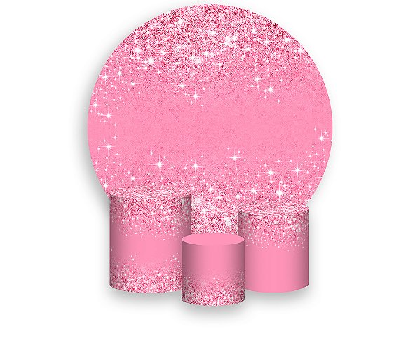 Painel De Festa Redondo 1,50 x 1,50 + Trio De Capas Cilindro - Efeito Glitter  Rosa 079