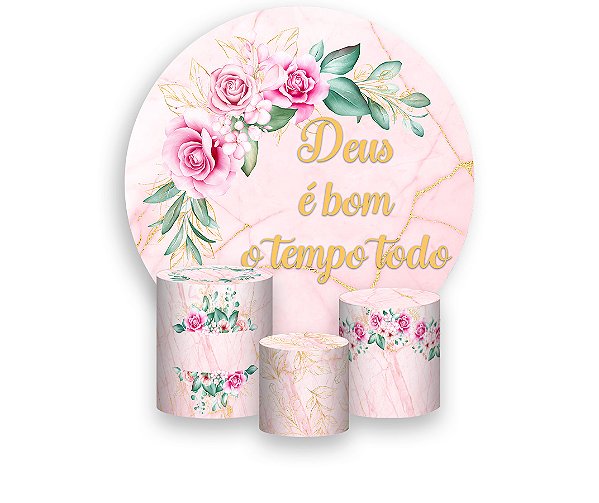 Painel De Festa Redondo 1,50 x 1,50 + Trio De Capas Cilindro - Deus é Bom Efeito Mármore Rosa 012