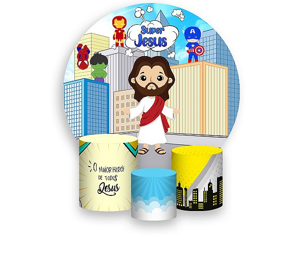 Painel De Festa Redondo 1,50 x 1,50 + Trio De Capas Cilindro - Super Jesus 013