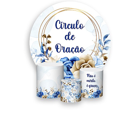 Painel De Festa Redondo 1,50 x 1,50 + Trio De Capas Cilindro - Circulo de Oração Floral Azul 017