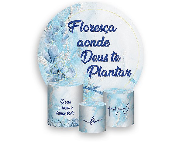 Painel De Festa Redondo 1,50 x 1,50 + Trio De Capas Cilindro - Religioso Efeito Mármore Azul 026