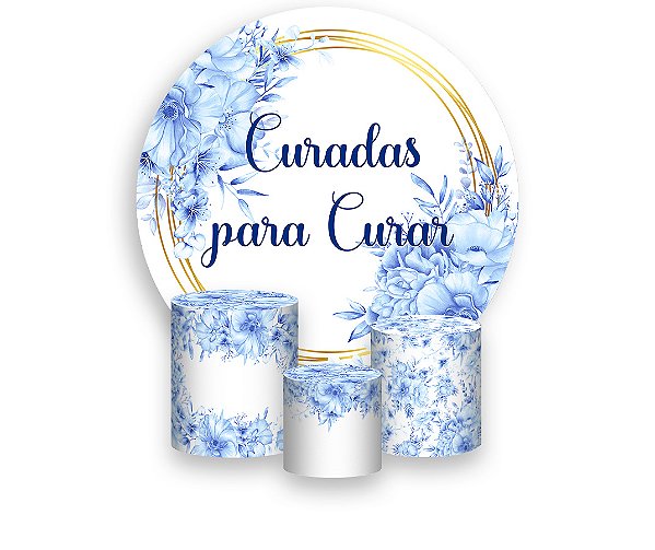 Painel De Festa Redondo 1,50 x 1,50 + Trio De Capas Cilindro - Curadas Para Curar Floral Azul 031