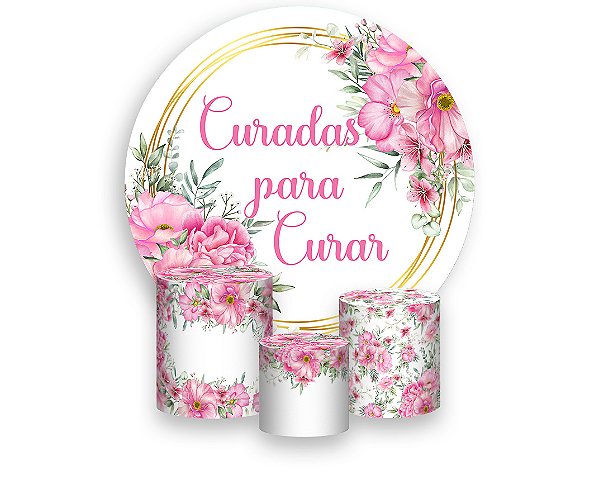 Painel De Festa Redondo 1,50 x 1,50 + Trio De Capas Cilindro - Curadas Para Curar Floral Rosa 032