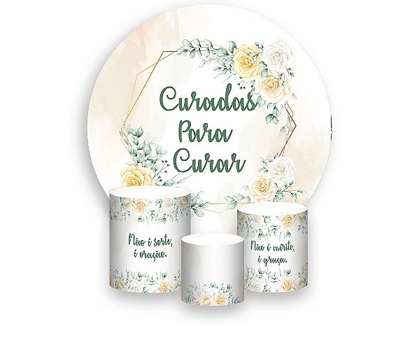 Painel De Festa Redondo 1,50 x 1,50 + Trio De Capas Cilindro - Curadas Para Curar Floral Bege 033