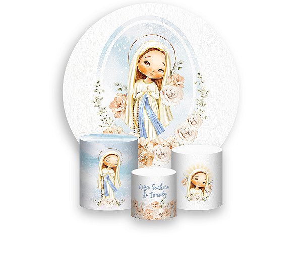 Painel De Festa Redondo 1,50 x 1,50 + Trio De Capas Cilindro -  Nossa Senhora de Lourdes Branco Floral 022