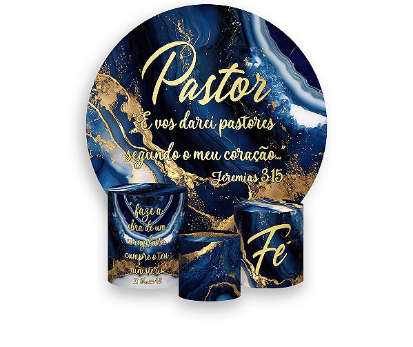 Painel De Festa Redondo 1,50 x 1,50 + Trio De Capas Cilindro - Pastor Efeito Mármore Azul e Dourados 040
