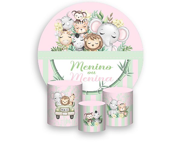 Painel De Festa Redondo 1,50 x 1,50 + Trio De Capas Cilindro - Chá Revelação Safari Verde e Rosa 028