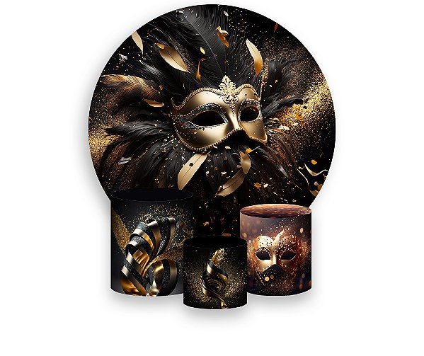 Painel De Festa Redondo 1,50 x 1,50 + Trio De Capas Cilindro - Máscara Dourado e Preto 016