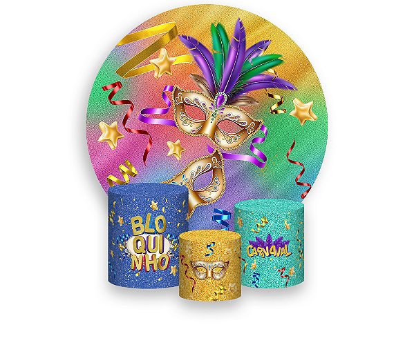 Painel De Festa Redondo 1,50 x 1,50 + Trio De Capas Cilindro - Máscara Carnavalesca Arco-íris Efeito Glitter 018