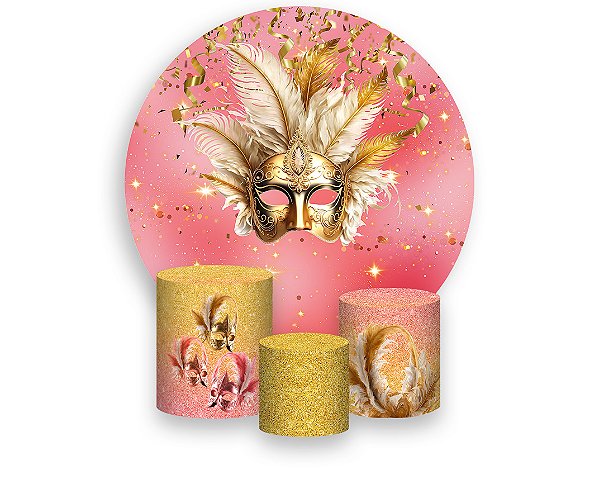 Painel De Festa Redondo 1,50 x 1,50 + Trio De Capas Cilindro - Máscara Carnavalesca Rosa e Dourado 019
