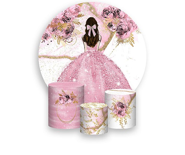 Painel De Festa Redondo 1,50 x 1,50 + Trio De Capas Cilindro - Princesa Flores Rosa 047