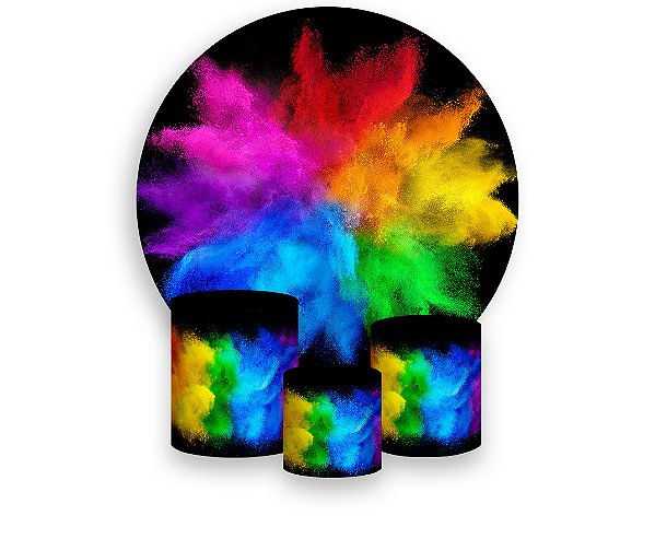 Painel De Festa Redondo 1,50 x 1,50 + Trio De Capas Cilindro - Explosão de Cores 021