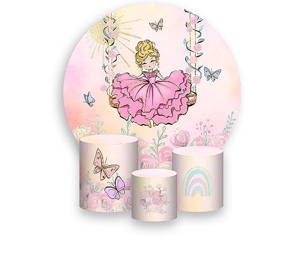 Painel De Festa Redondo 1,50 x 1,50 + Trio De Capas Cilindro - Jardim Com Princesa Loira 026