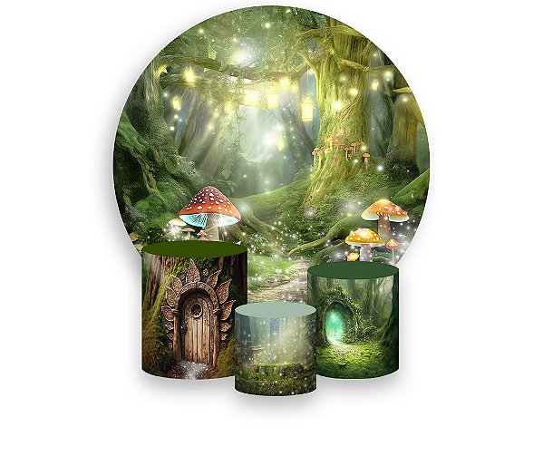 Painel De Festa Redondo 1,50 x 1,50 + Trio De Capas Cilindro - Jardim Encantado com Cogumelos 048