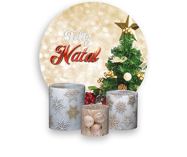 Painel De Festa Redondo 1,50 x 1,50 + Trio De Capas Cilindro - Árvore De Natal Dourado 002