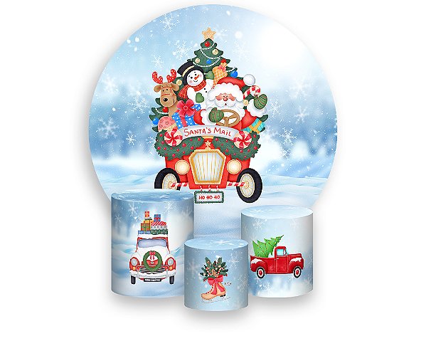 Painel De Festa Redondo 1,50 x 1,50 + Trio De Capas Cilindro - Natal Floresta Papai Noel 003