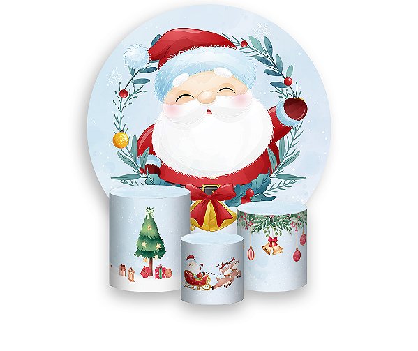Painel De Festa Redondo 1,50 x 1,50 + Trio De Capas Cilindro - Natal Papai Noel Cute 005
