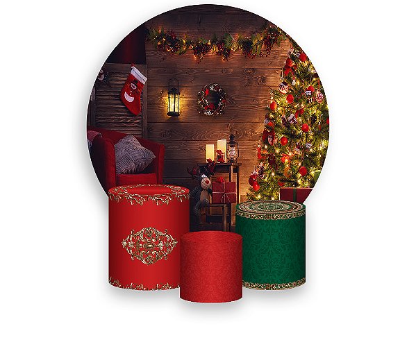 Painel De Festa Redondo 1,50 x 1,50 + Trio De Capas Cilindro - Sala Árvore de Natal 006