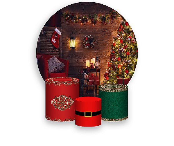 Painel De Festa Redondo 1,50 x 1,50 + Trio De Capas Cilindro - Decoração com Árvore de Natal 007