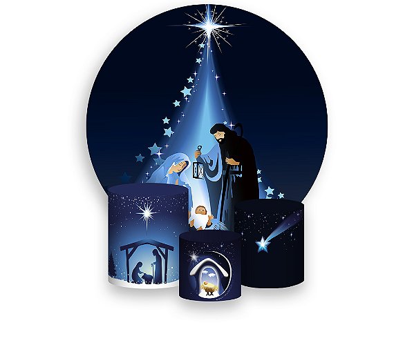 Painel De Festa Redondo 1,50 x 1,50 + Trio De Capas Cilindro - Sagrada Família Natal Azul 008