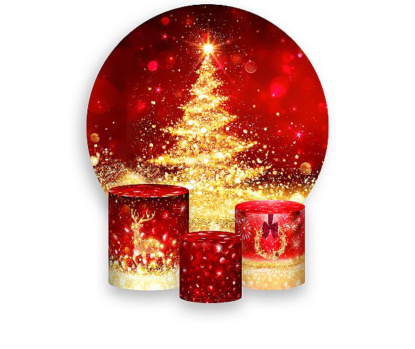 Painel De Festa Redondo 1,50 x 1,50 + Trio De Capas Cilindro - Natal Vermelho Efeito Glitter Dourados 009