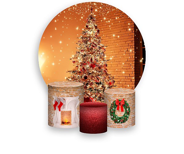 Painel De Festa Redondo 1,50 x 1,50 + Trio De Capas Cilindro - Árvore de Natal Brilhante 011