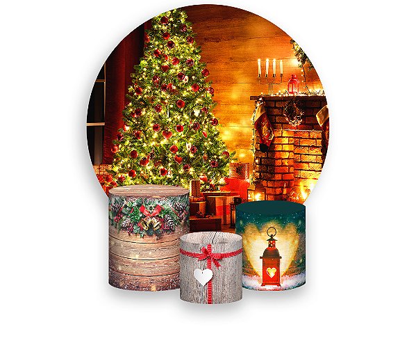 Painel De Festa Redondo 1,50 x 1,50 + Trio De Capas Cilindro - Decoração Natal Brilhante 012