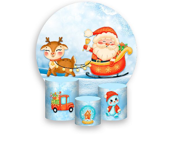Painel De Festa Redondo 1,50 x 1,50 + Trio De Capas Cilindro - Natal Papai Noel e Rena 014