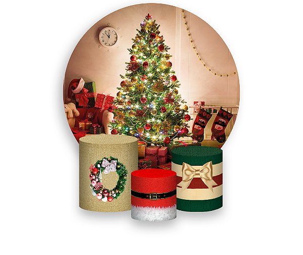 Painel De Festa Redondo 1,50 x 1,50 + Trio De Capas Cilindro - Sala de Estar Árvore de Natal 016